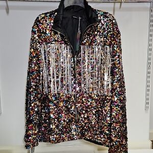 Sequin Fringe Bomber Jacket - Black Multicolor
